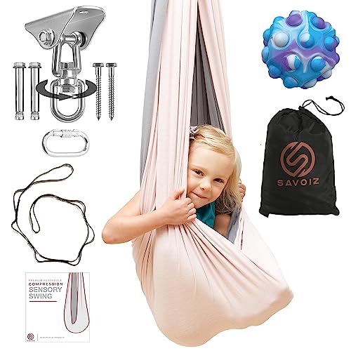 Image of SAVOIZ Sensory Swing - Therapy Hammock Autism, ADHD, Aspergers - Double Layer Reversible Pink and Grey - Hardware Included - Indoor Swing - Outdoor Swing - Kids Sensory Swing