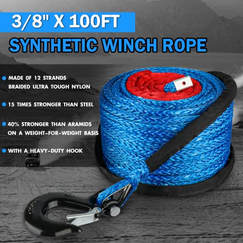 STEGODON 3/8" x 100ft Synthetic Winch Rope 23,809lbs Dyneema Winch Cable Line with Hook and Sleeve Protection Car Tow Recovery Cable for 4WD Off Road Vehicle Truck SUV Jeep(Blue) - Thumbnail 2