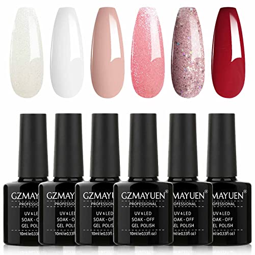 GZMAYUEN Lot Vernis Semi Permanent Blanc Rose Rouge Couleur Gel UV Pastel 6 Couleur Paillettes Brillant Soak Off UV/LED Gel Polish Set Mariage Vernis à Ongles Gels Semi-permanents 10ML