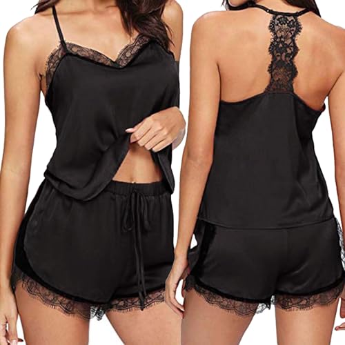 Schlafanzug Damen Sexy Pyjama Set, Schlafanzug Damen Spitzen Sexy Dessous, Ärmellos Sommer Nachtwäsche mit Spaghettiträger Sleepwear Sexy, V-Ausschnitt Spitzen Cami Top und Shorts Negligee Sleepwear