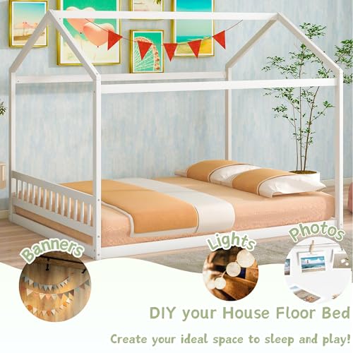 Bellemave Queen House Bed with Roof Wood Montessori Floor Beds for Kids Wood House Floor Bed Frame for Girls Boys Teens Adults, No Spring Box Needed, White