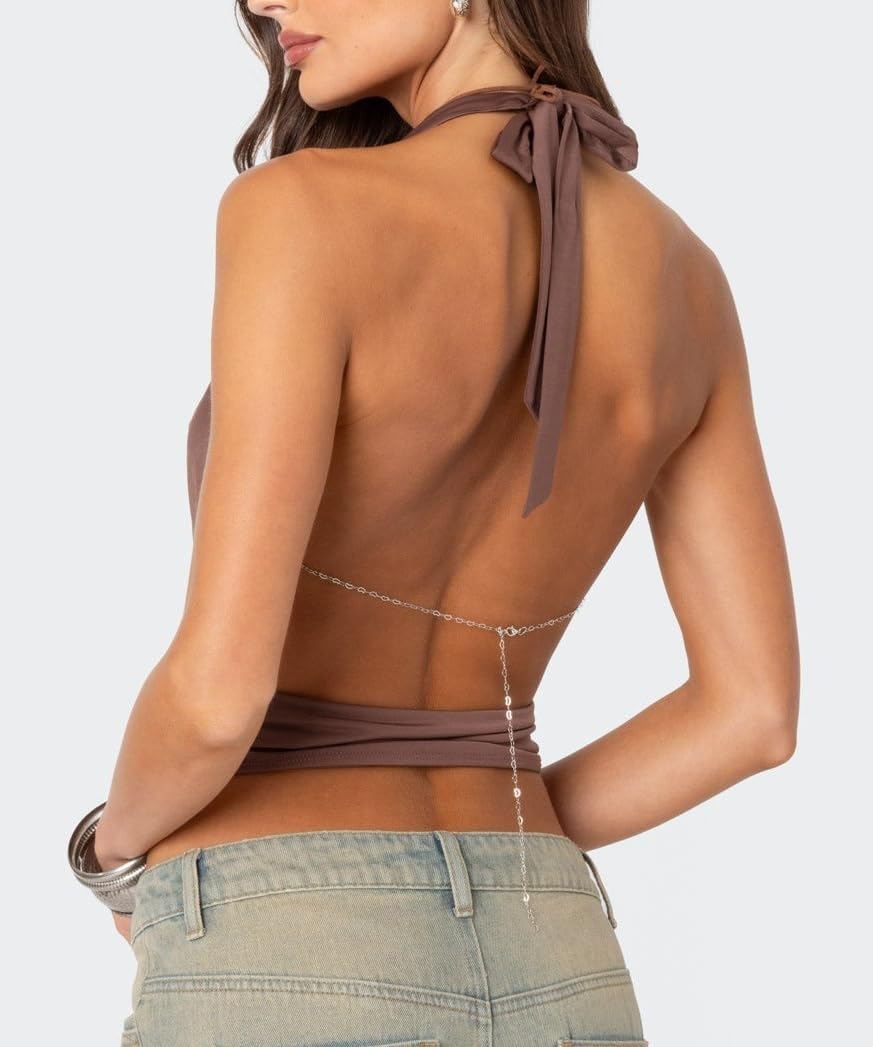 UAURORAO Women Cowl Neck Halter Tops Sexy Draped Front Low Cut Backless Tank Top Ruched Open Back Going Out Crop Tops - Image 3