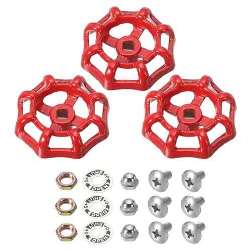 PATIKIL Outside Faucet Handle Square Stem Hole 6x6mm, Cast Steel Round Wheel Faucet Handles Replacement Water Spigot Handle with Screws Spacer, Red, 3Pcs