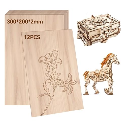 RUNYU 12 Pièces Contreplaqué 300×200×2mm Panneau Bois A4 Planche de Bois Contreplaqué non Fini, Plaque de Tilleul Feuilles de Bois pour Modélisme, DIY Fait Main, Peinture