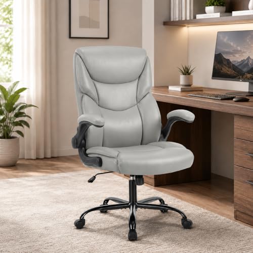 Image of Ergonomic PU Leather Office Chair - Executive Computer Desk Chair with Lumbar Support & Wide Seat, Adjustable Height Task Chair with 360 Swivel & Quiet Wheels for Home Office, Gaming, Gray
