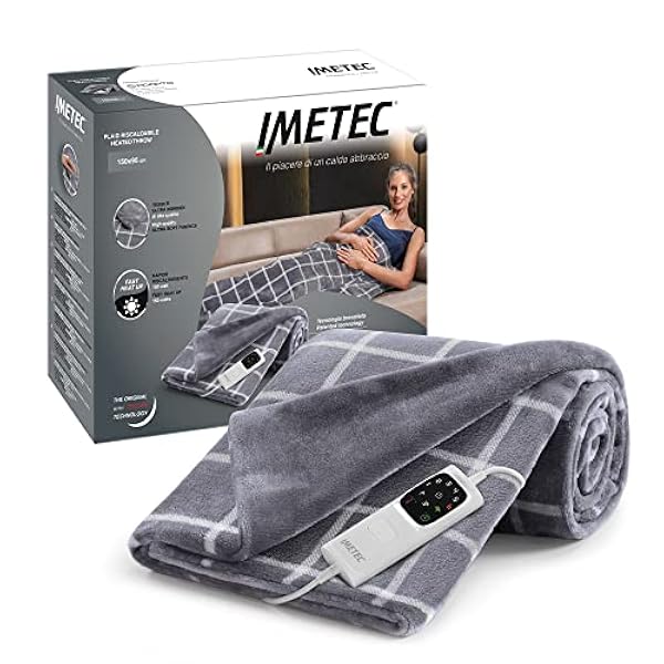 Imetec adapto velvet square plaid riscaldabile, Coperta elettrica 150x95 cm tessuto morbido, Basso consumo, Tecnologia adapto, Dispositivo di sicurezza, Rapido riscaldamento, 6 temperature, Lavabile