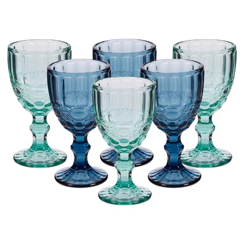 Dibor Drinking Glasses Set of 6 - Blue & Turquoise Dishwasher Safe Coloured Wine Glasses & Tumbler Glasses Vintage Style Baroque Embossed Glassware with Bevelled Effect Finish (Goblets)