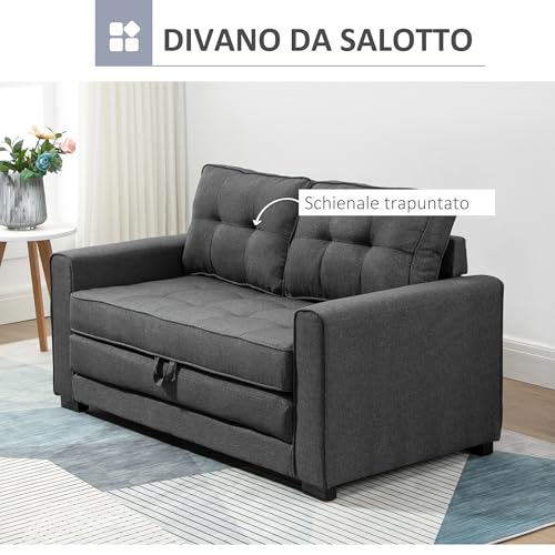 Homcom Divano Letto 2 Posti Con Seduta Imbottita 37 Cm, Divano Letto Matrimoniale Pieghevole Con 2 Cuscini Per Soggiorno, In Tessuto Effetto Lino E Legno, Grigio - 4