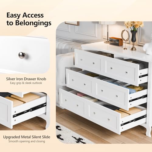 Image of VINGLI White Dresser 6 Drawer, Wood Dresser Chest of Drawers, Clothes Dressers for Bedroom with Curved Legs and Grooved Drawer Front, French, 47.24 inch W*15.75 inch D*33 inch H