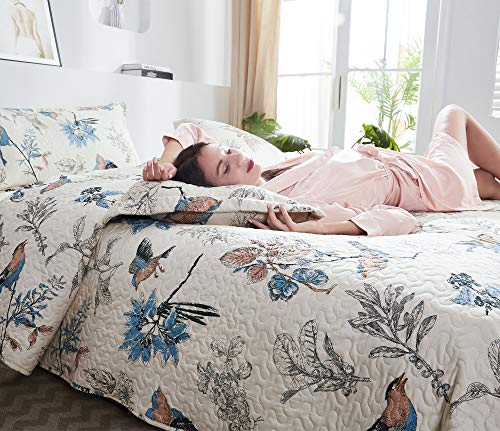 Quilt Set Queen Size Bedspread Coverlet Queen Quilt Bedding Country Farmhouse Quilt Reversible Bedding Lightweight Quilt Bedspread Set Queen Grey Leaves Floral Bird Print Home Quilt Collection Bedding #TOP2
