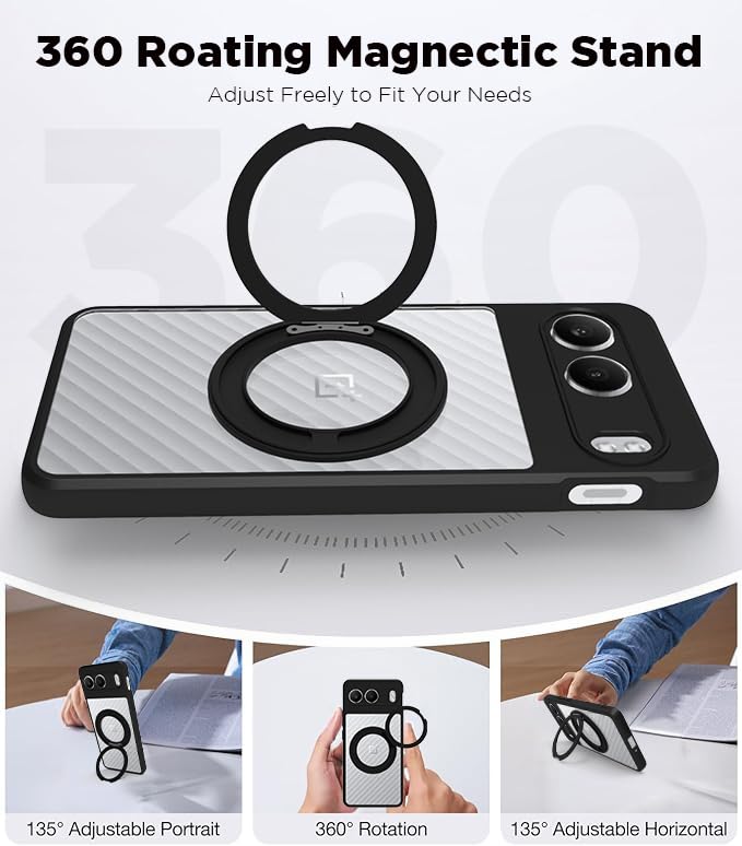 Image of RIGGEAR Shockproof Sleek Hybrid Armor 360 Rotating Magnetic Ring Stand Back Cover Case Compatible with MagSafe Accessories for OnePlus Nord 4 5G (Clear PC + Black TPU Bumper)