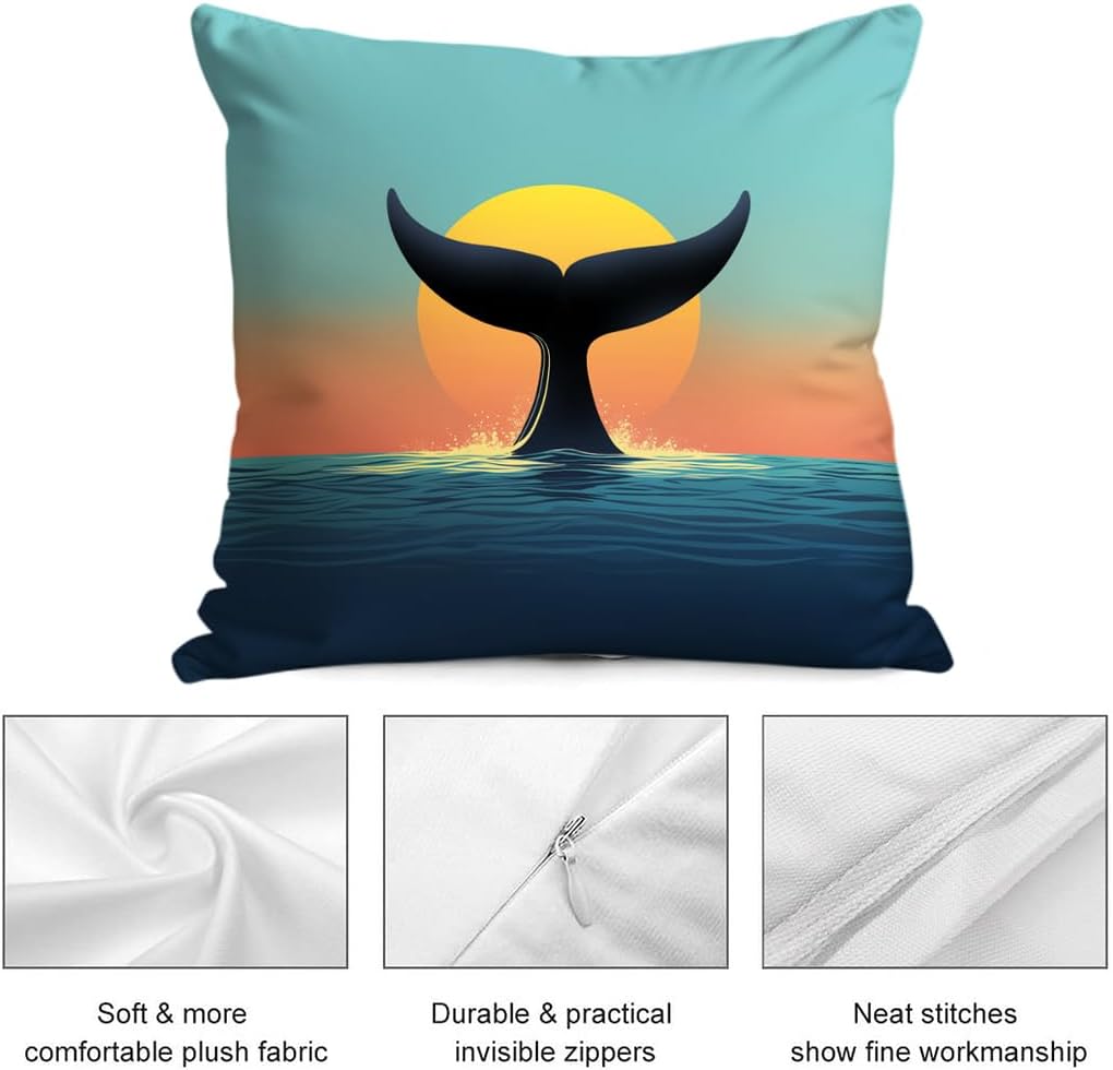 Whale Tail Sunset Pillow Cover, Double-Sided 24x24 Inch Decorative Throw Pillow Case for Living Room, Bedroom, Couch, Outdoor
