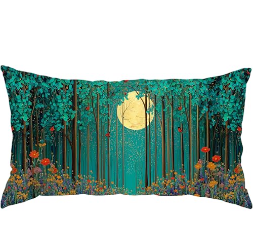 vveeyyee Decorative Throw Pillow Cover 12x20 Inch, Morris Inspired Forest Moon Night Trees Floral Design, Spring Summer Nature Style Lumbar Cushion Case for Sofa Couch Living Room Bedroom