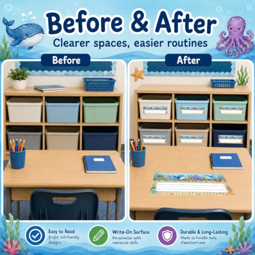 Classroom Name Tags Stickers 40pcs, Ocean Animals Write-On Desk Name Plates Labels, 11.8 x 3.9 Inch Student Desk Nameplate Stickers for Desks, Cubbies, Bins, Preschool Kindergarten Teachers - Image 6
