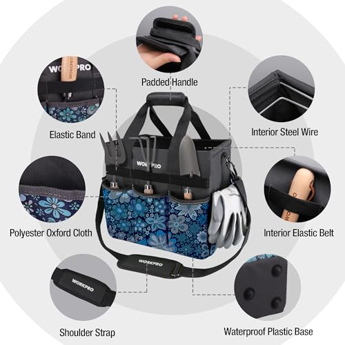 WORKPRO Garden Tool Bag Organizer, Heavy Duty Gardening Tote Bag with 10 Pockets and Long Adjustable Shoulder Strap, Standable Garden Home Tool Kits Organizer, Floral Blue (Tools are not Included) by WORKPRO - Image 3
