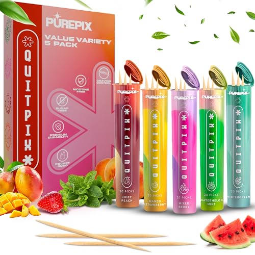 Image of QuitPix Quit Smoking Toothpicks, Extra Thick Birchwood Flavored Sticks with NAC + L-Theanine, 5 Flavors with 20 Sticks Each, Kosher Vegan, Nicotine Free Oral Fixation Alternative, Long Lasting Taste