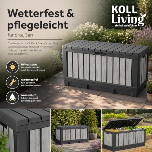 Koll Living Gartenbox Kentwood 350 Liter Stauraum in Holzoptik Stormgrey | Aufbewahrungsbox mit Sitzfunktion für Sitzauflagen, Gartengeräte oder Kinderspielzeug | wasserdicht & gut belüftet
