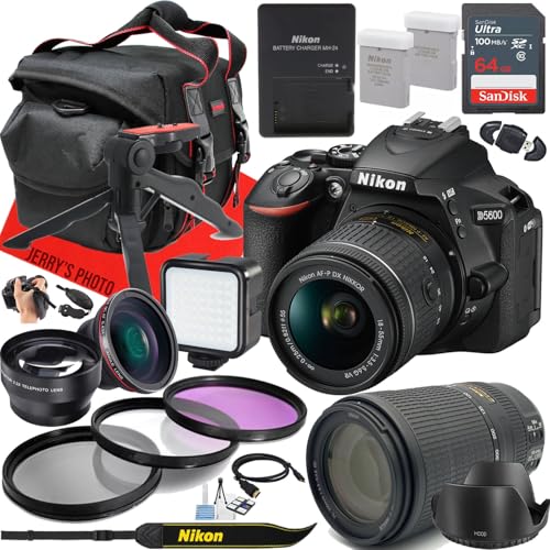Nikon D5600 DSLR Camera with AF-P DX 18-55mm f/3.5-5.6G VR and AF-P DX 70-300mm f/4.5-6.3G ED VR Lens + 64 GB Memory + Extra Battery + LED Light + More (26pc Bundle) (Renewed)