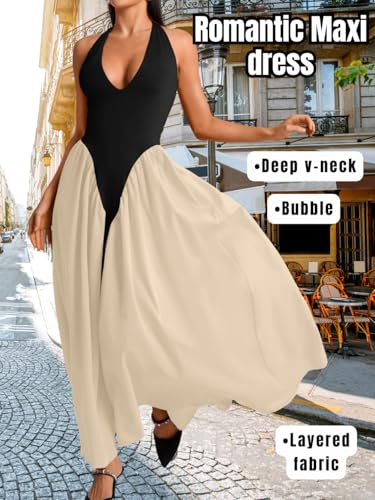 Image of ChiaoLezhee Deep V Neck Dress, Halter Maxi Dresses, Vacation Date Night, Sexy for Women Corset Flowy Wedding Guest Drop Waist