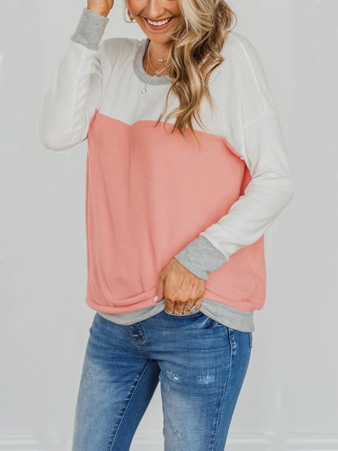Women's Color Block Tunic Tops Casual Long Sleeve Shirts Round Neck Pullover2