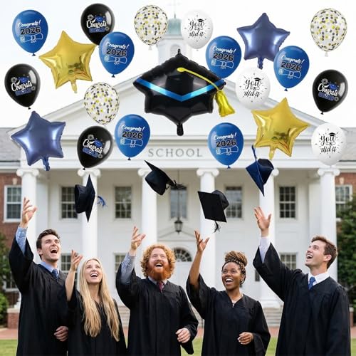 Image of Graduation Balloons for Class of 2026 Decorations Royal Blue Black Gold Silver Confetti Latex Balloons Helium Graduation Hat Balloon Metallic Blue Gold Star Foil College Grad Party Decor Supplies
