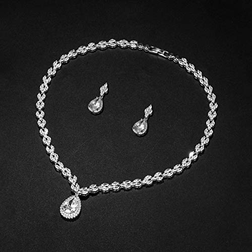 WeimanJewelry Silver/Gold Plated Women Cubic Zirconia CZ Marquise Teardrop Bridal Tennis Necklace and Drop Earring Set for Wedding Brides (Silver)4