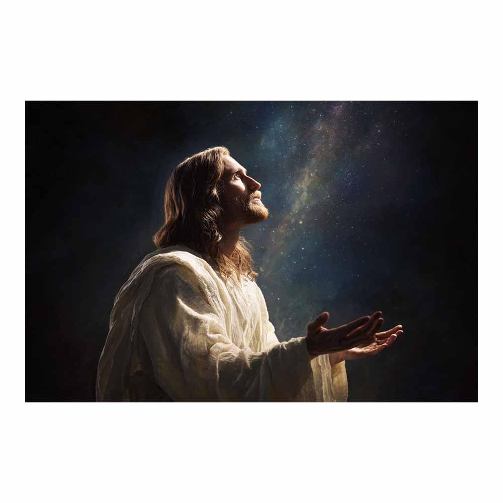 ZAMAEIU Jesus Canvas Wall Art Praying under thes starry sky large mural decoration,Catholic home decor for Church Office Living Room Bathroom Inspiration Room(white)-80x120cm Unframed