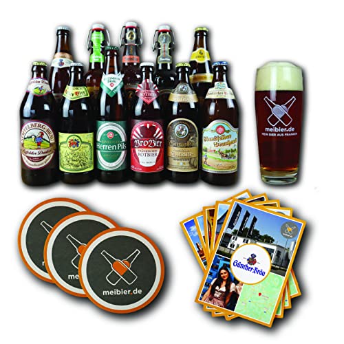 meibier© 11er Bier Box aus Franken #1 + Info Flyer,11x 0,5 Liter fränkisches Bier + meibier Willibecher + 3x Bierfilz, tolles Bier Geschenk, Bierbox, Bierpaket