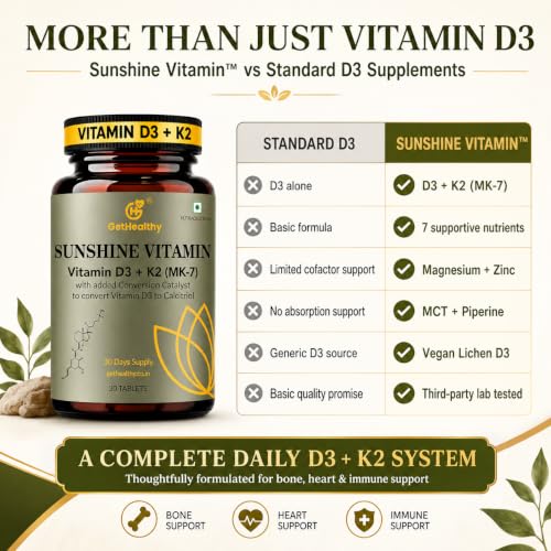 Image of GetHealthy Sunshine Vitamin Premium Vegan Vitamin D3 K2 MK7 Tablets | Lichen D3 600 IU + MK-7 55 mcg with Zinc, Curcumin, Piperine, Magnesium & MCT | Bone, Heart & Immune Support | Lab Tested | 30 Day Supply