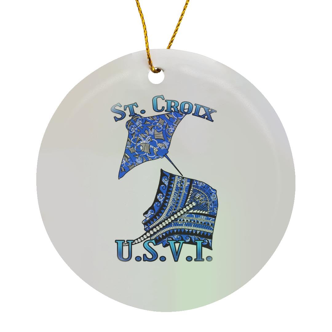 3dRose Blue Tribal Stingray for Any Vacation to st Croix, Circle Porcelain Ornament