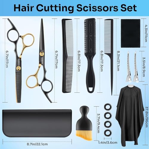 Haarschere Set, 15 Stücke Friseurschere Set Friseurscheren Profi 6,7 Zoll Haarschneideschere Hohe Qualität 440C Delstahl Haarschneide Set für Damen Herren Kinder Familie Friseursalon
