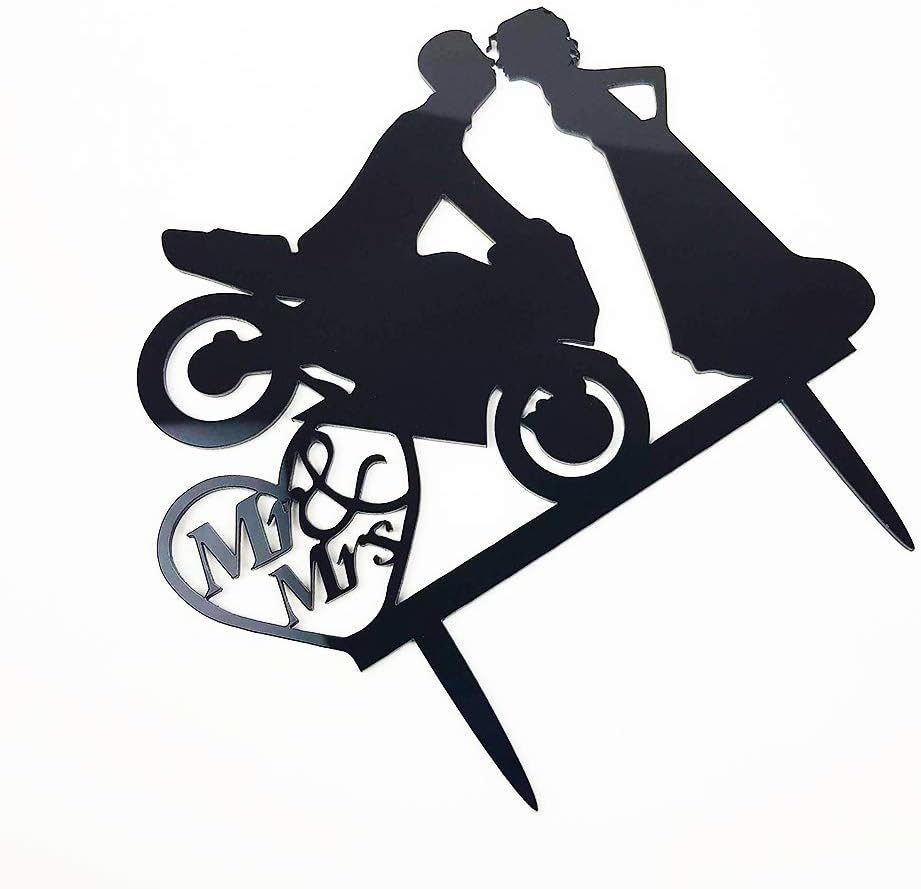 Motorcycle Funny Wedding Cake Topper Mr & Mrs, Bride Groom with Motorbike (Black Acrylic)