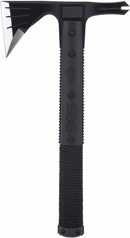 Survival Hawk - Hacha táctica especializada para exteriores, iniciador de fuego, extractor de clavos, martillo, hoja multiusos con mango envuelto en paracaídas reflectante (SK1001-CP), negro