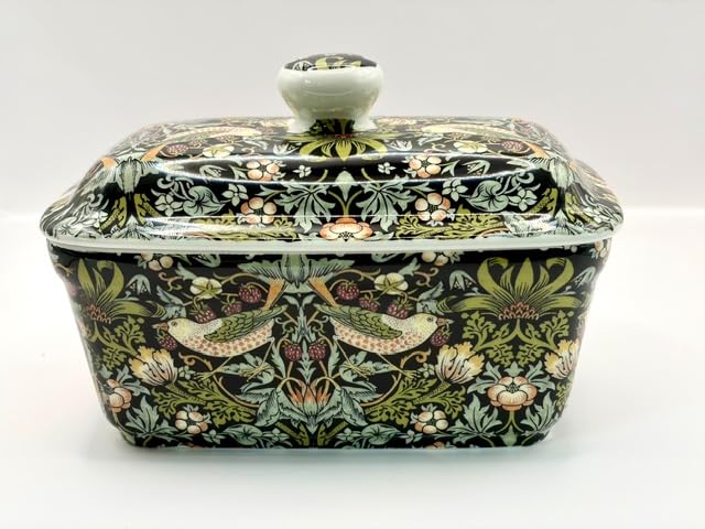 fine Bone China William Morris Black Strawberry Thief Butter Dish with lid
