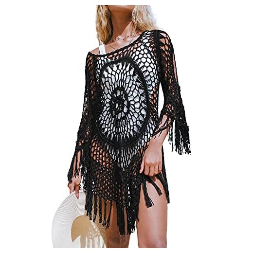 CUPSHE Damen Strandkleid Fransen Lochmuster Tunika Sexy Bikini Cover Up Sommer Cutout Beach Minikleid Schwarz