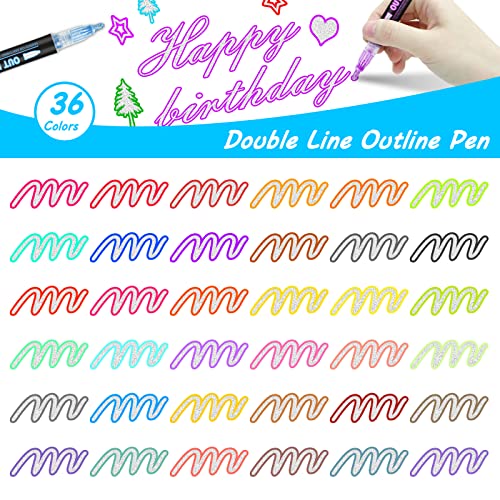 Double Line Outline Markers, 36 Colors Super Squiggles Shimmer Outline Marker Pen Set, Self Outline Metallic Markers Glitter Writing Drawing Pens For Birthday Greeting Card, Doodling, Diy Art Crafts #TOP1