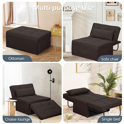 Ainfox Sofa Bed, 4 in 1 Multi-Function Folding Ottoman Chair Bed, Modern Sleeper Convertible Chair Adjustable Backrest for Living Room, Apartment, Small Space, Office Dark Brown