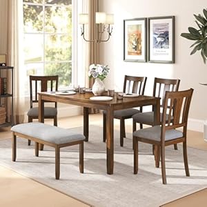 6-Piece Wooden Dining Set – Table & Chairs for 6, Includes Table, 4 Upholstered Chairs & 1 Bench, Walnut