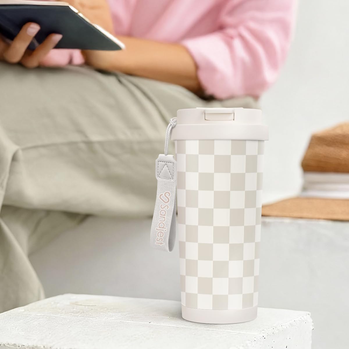 SANDJEST Checkered Tumbler - Stainless Steel 2-in-1 Lid Coffee Tumbler 18 oz, Checker Insulated Travel Mug Gift for Women Girls Teens, Birthday Christmas (Beige) - Image 7