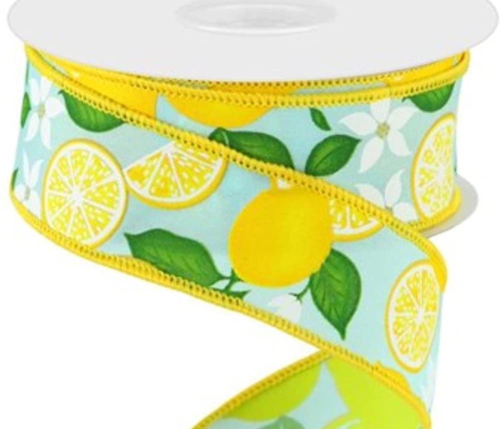 Lemons | Lemon Print Wired Edge Ribbon | 10 Yards (10 Yards Lemon 1.5 inch Blue, Yellow, Green)