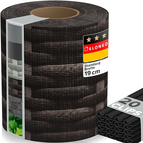 ELONEO PVC Sichtschutzstreifen Doppelstabmattenzaun | 1 Rolle á 35m x 19 cm | Balkon Sichtschutz mit 20 Befestigungsclips | Sichtschutz Zaun wetterfest und extra stabil Rattan dunkel