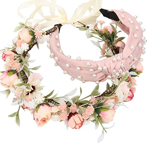 Foto von HuaLiSiJi Blumenkrone Haarkranz Boho Blumenkranz Rose Floral, Schön Gearbeitet der Blumenkrone, Individuell Einstellbar Durch Ein Band (Rosa)