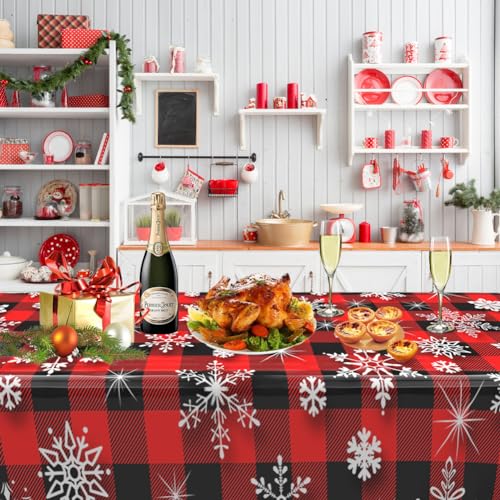 Image of Labeol 3 Pack Christmas Tablecloth, 54 x 108 inch Snowflake Tablecloth for Table Decorations, Disposable Plastic Waterproof Rectangle Table Cover for Christmas Decorations Party Supplies