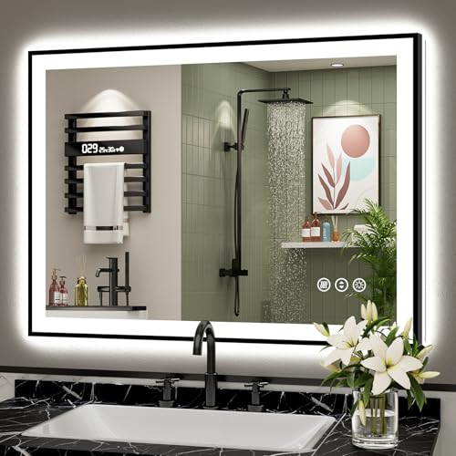 Image of 40x30 Black Framed LED Bathroom Mirror with Lights, Backlit and Front Lit Anti-Fog Lighted Vanity Mirrors for Bathroom Wall, Dimmable, 3 Colors, Memory, HD Tempered Glass, Horizontal /Vertical