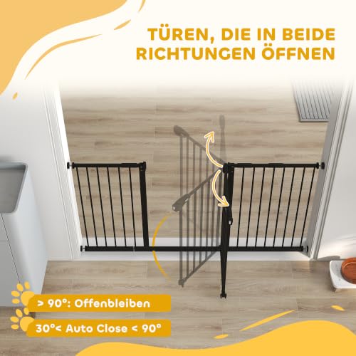 PawHut Türschutzgitter Hunde, Absperrgitter, 74-147,5 cm, Treppenschutzgitter für Haustier, Hundegitter inkl. 3 Verschiedene Verlängerungen, Schutzgitter ohne Bohren, Metall, Kunststoff, Schwarz