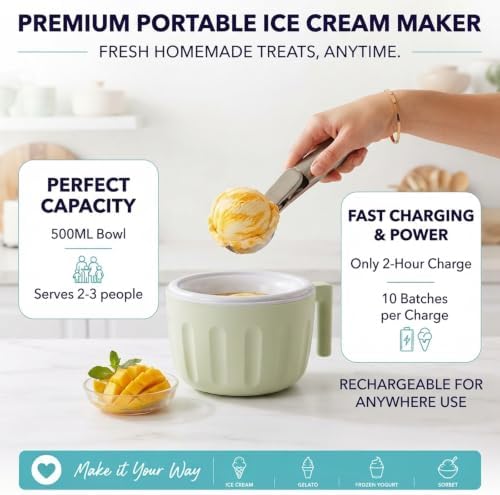 Swirl Cup Ice Cream Maker, Portable Single Serve Ice Cream Maker Cup | Rechargeable Cordless Homemade Frozen Yogurt with Add-In Chute, Removable Sorbet and Gelato Maker for Family - 4