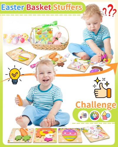Image of Oomloid Easter Wooden Puzzles Toddler Toys, 4 Pack Party Favors Baskets Essentials Birthday Gifts Montessori Toys Easter Basket Stuffers Puzzles for Toddlers Kids Girls Boys