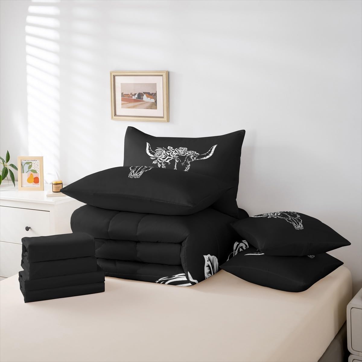 Erosebridal Bull Skull 7 Piece Bedding Set Full Bohemian Comforter Set with Sheets Simple Line Drawing Bull Head Aztec Bed in a Bag Rose Leaf Print Black White for Teens Men Women