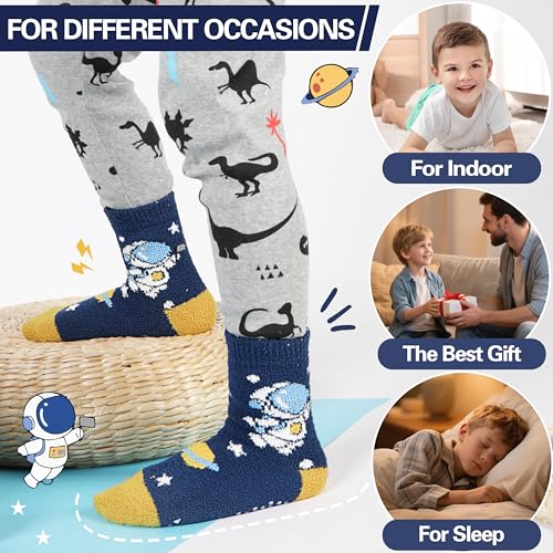 MOGGEI Kids Boys Toddlers Fuzzy Slipper Grips Socks Non Slip Warm Winter Fluffy Cozy Thick Fun Crew Gripper Socks 6 Pairs - Image 7
