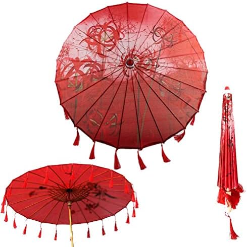 32IN Red Umbrella Fairy Ancient Style Long Tassel Umbrella for Home Ornaments, Japanese Chinese Cosplay, Wedding Photography, Dance Perform, Costumes, Decoration and Other Events